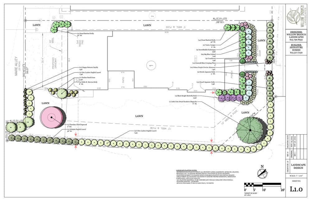 Landscape design plan featuring lawns, pathways, and plant arrangements for a residential property.