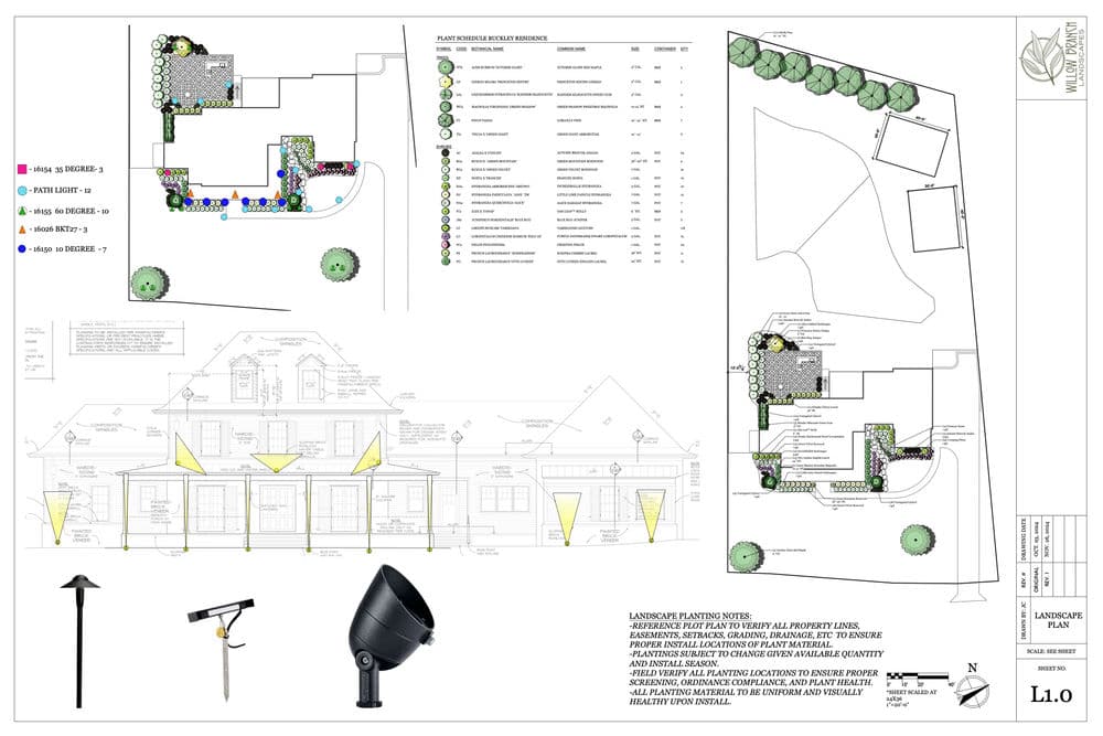 Landscape planting plan with design layout, plant species, and lighting details for property.
