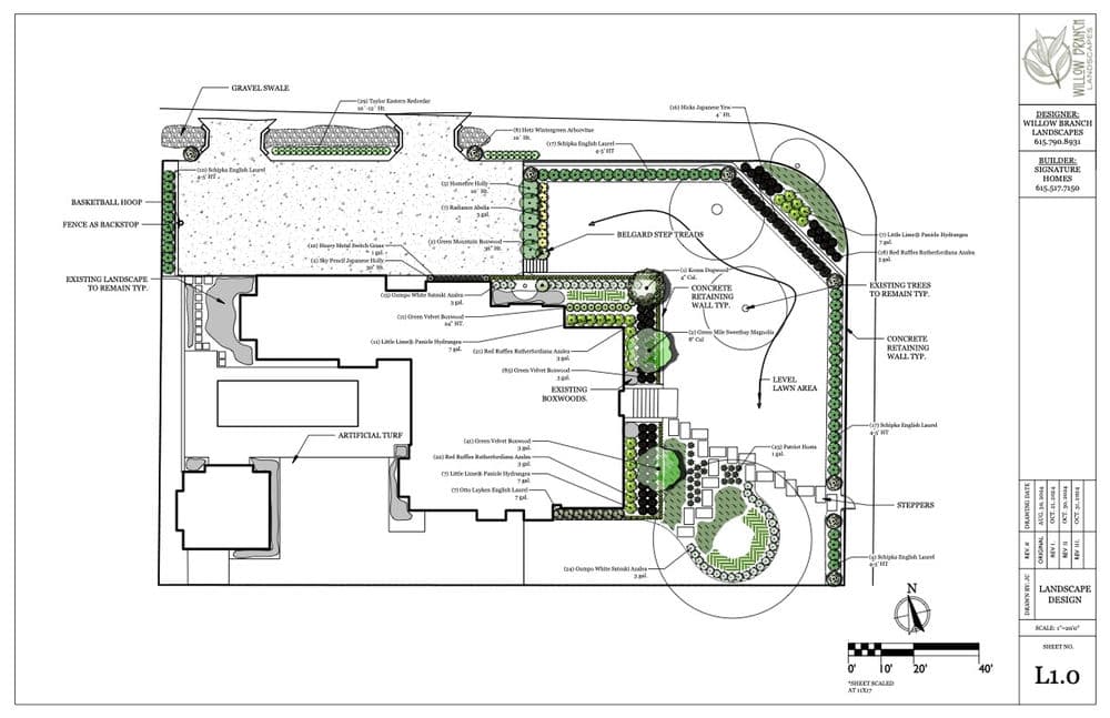 Landscape design plan featuring basketball court, electric landscaping, and greenery.
